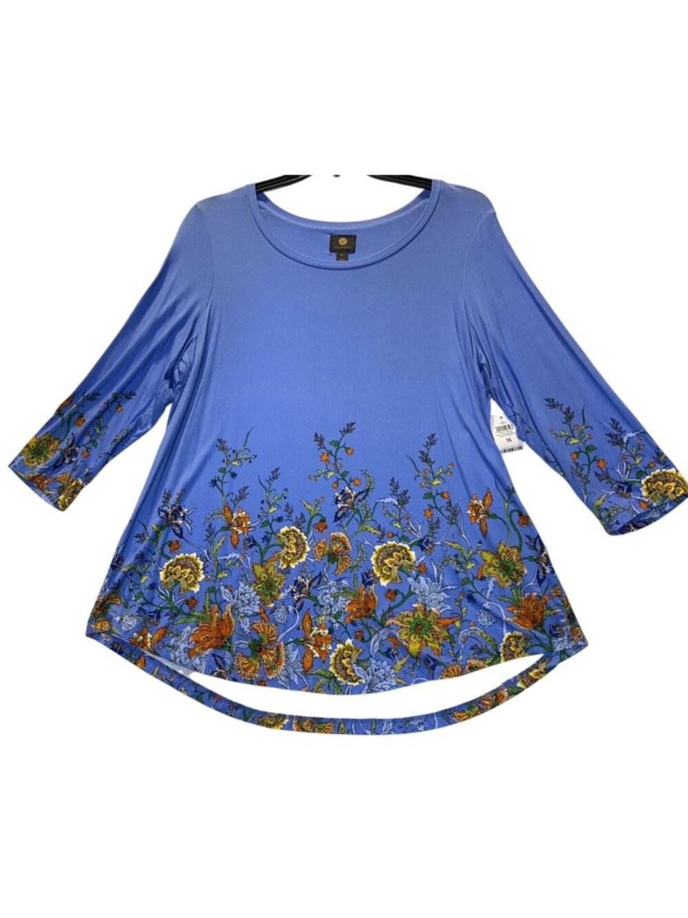 JM Collection 1X Floral 3/4 Sleeve Tunic Top High-Low Hem Lightweight Blue